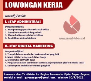 Lowongan Pekerjaan untuk Posisi Staf Administrasi dan Staf Digital Marketing